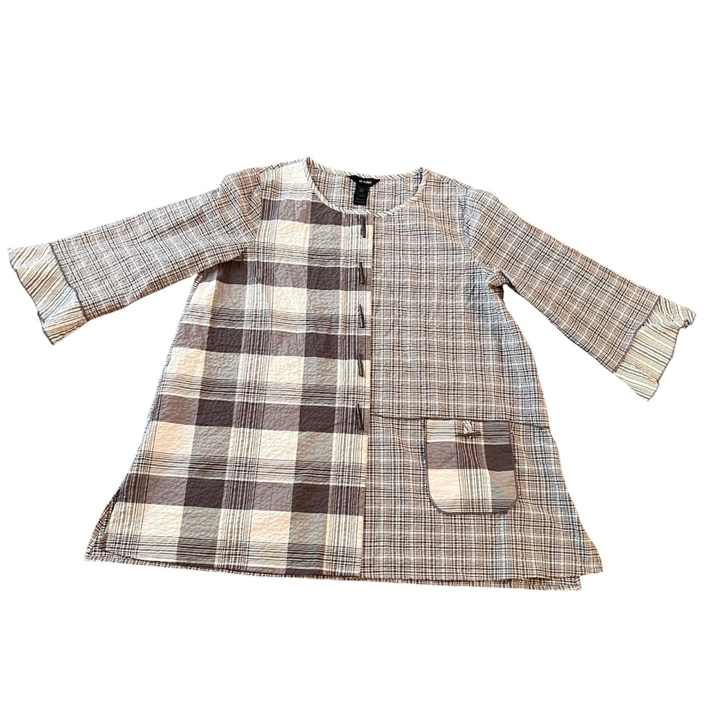 Ali Miles Brown Mixed Plaid Tunic Top Bell Sleeve Toggle Detail Womens Large
